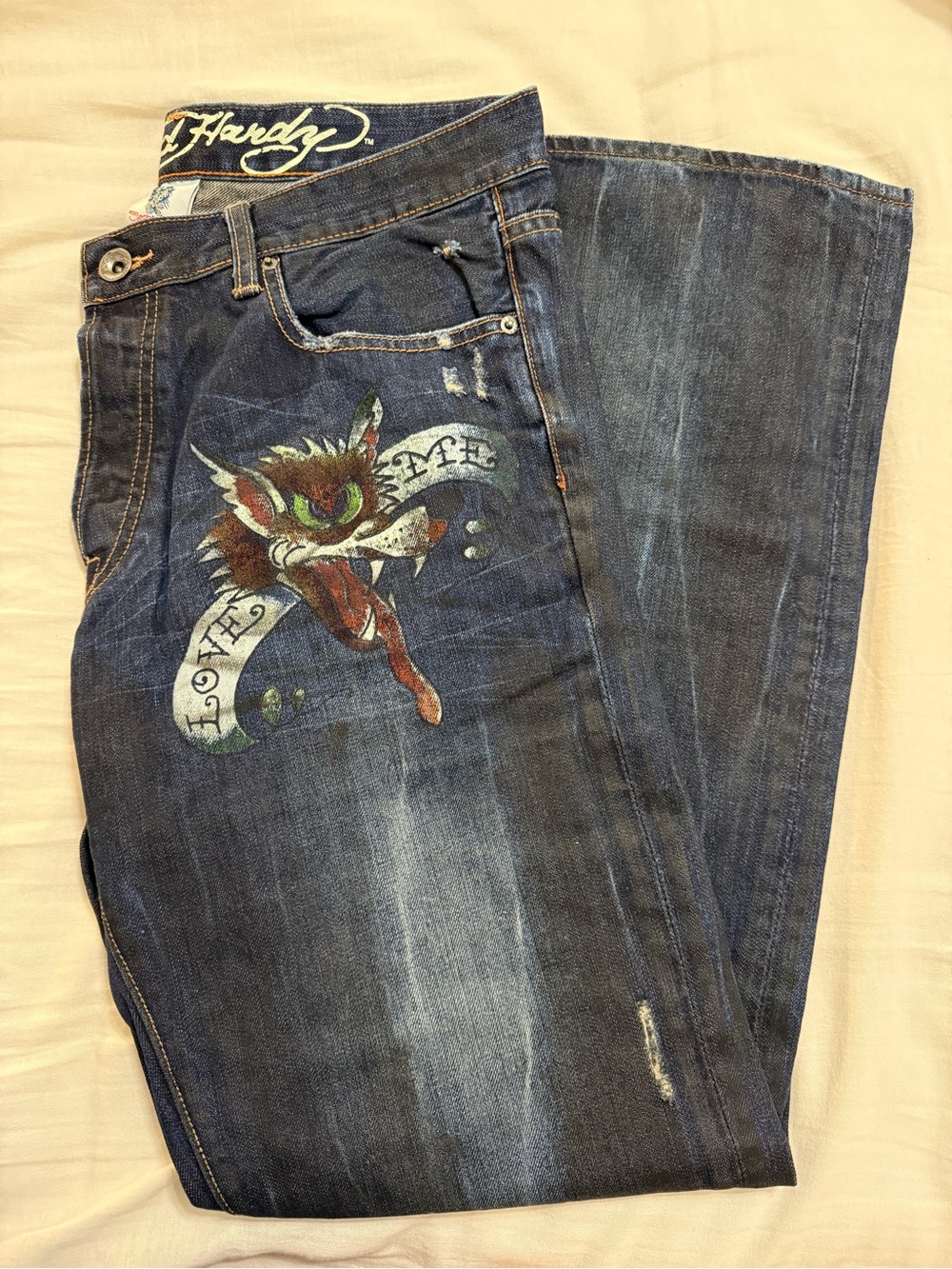 Ed Hardy Fathina Love Me Wolf Jeans Men's 34x34 Vintage Y2K 2008